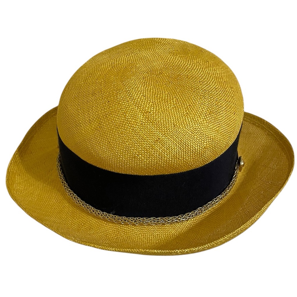 Vintage Jacqueline Ferrar Marigold Straw Hat Navy Blue Bow Gold Braid Trim
